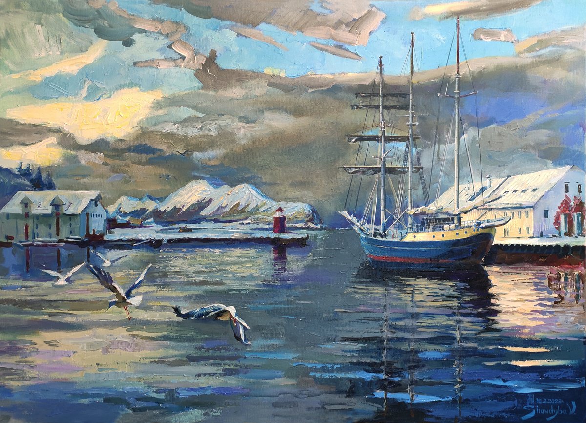 Impressionistic Landscape Acrylic Painting By Vladimyr Shandyba, 35 X 26", Winter In i?lesund, Original Artwork