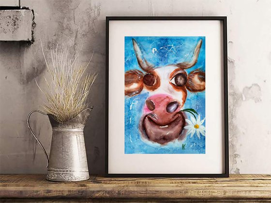 Cow Painting Daisy Original Art Animal Watercolor Floral Artwork Chamomile Home Wall Art 10 by 14" by Halyna Kirichenko