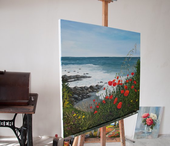 Seascape. Oil painting. Red poppies and sea. On canvas. 24 x 28in.