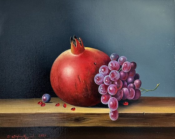 Still life with pomegranate and grape (24x30cm, oil painting, ready to hang)