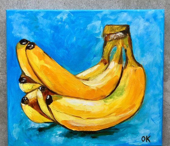 Bananas on  turquoise  Still life. Palette knife painting on linen canvas