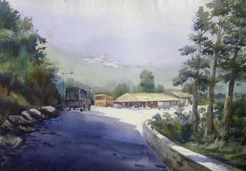 Morning Light on Mountain Path-Watercolor on paper by Samiran Sarkar