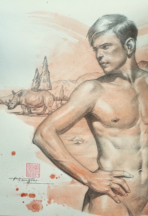 Drawing- Man and rhinoceros #21043 by Hongtao Huang