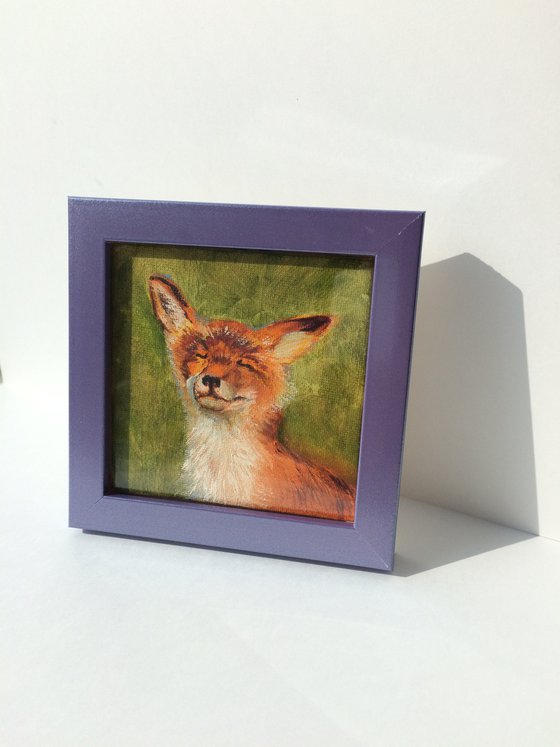 Animal original painting - Fox tiny artwork - Shelf painting - Framed canvas art (2021)