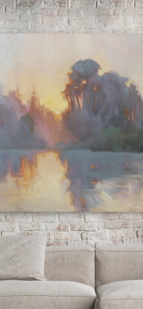 "Evening fog" River gray orange oil landscape by Mary Amur