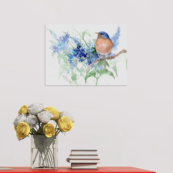 Bluebird and Blue Flowers