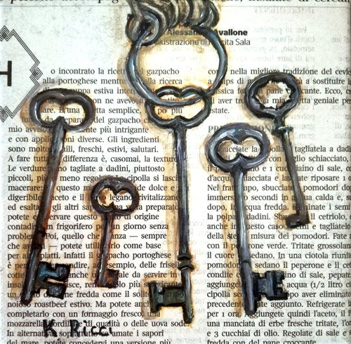 "Skeleton Keys on Newspaper" Original Oil on Canvas Painting 6 by 6 inches (15x15 cm) by Katia Ricci