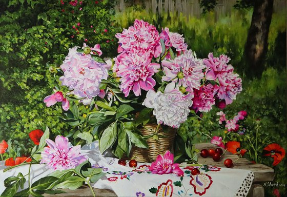 Peonies painting, Summer Scene