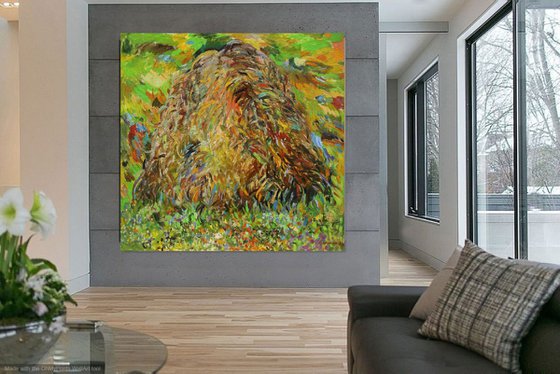 HAYSTACK. EARLY MORNING -  XL large landscape art, original oil painting, village countryside summer art green brown nature impressionism art office interior home decore 150x150 cm