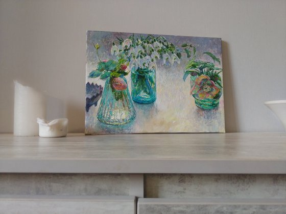 Flowers in blue glass