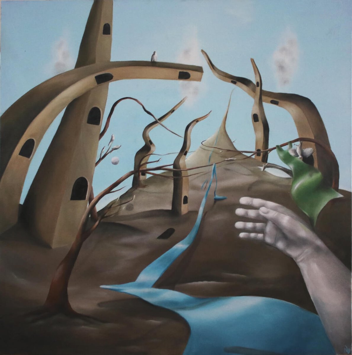 Surrealistic Landscape Oil Painting By Vanessa T Stefanova, 24 X 24", Movement, Original Artwork