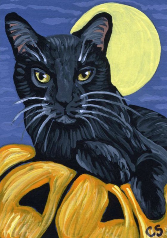 ACEO ATC Original Painting Halloween Black Cat Pumpkin Pet Art-Carla Smale