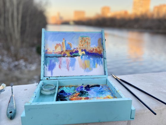 "Winter plein air", 18*24cm, impressionistic oil winter landscape etude painting