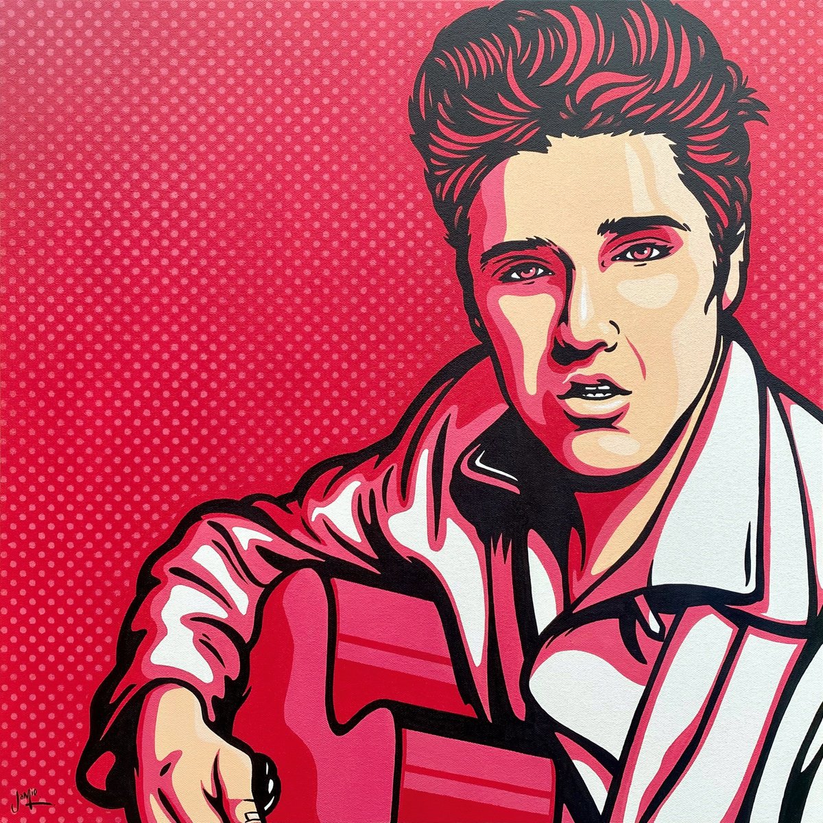 Urban And Pop Portrait Acrylic Painting By Jamie Lee, 24 X 24, Elvis Presley On Pink, Original Artwork