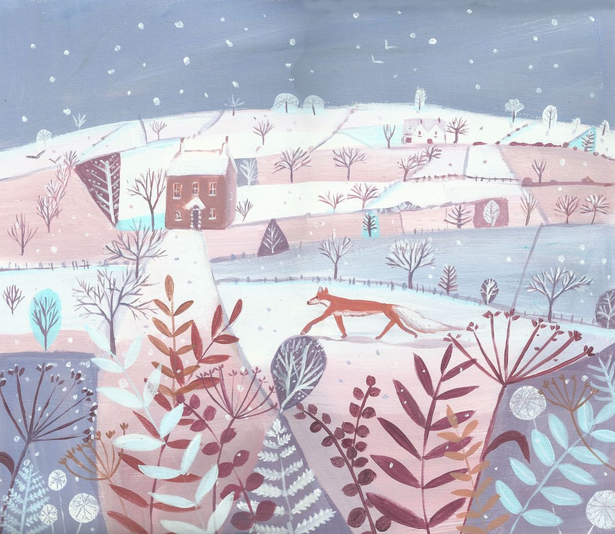 Naive Acrylic Painting , Winterscape With Fox By Mary Stubberfield, 13 X 12, Artwork For Sale On Artfinder