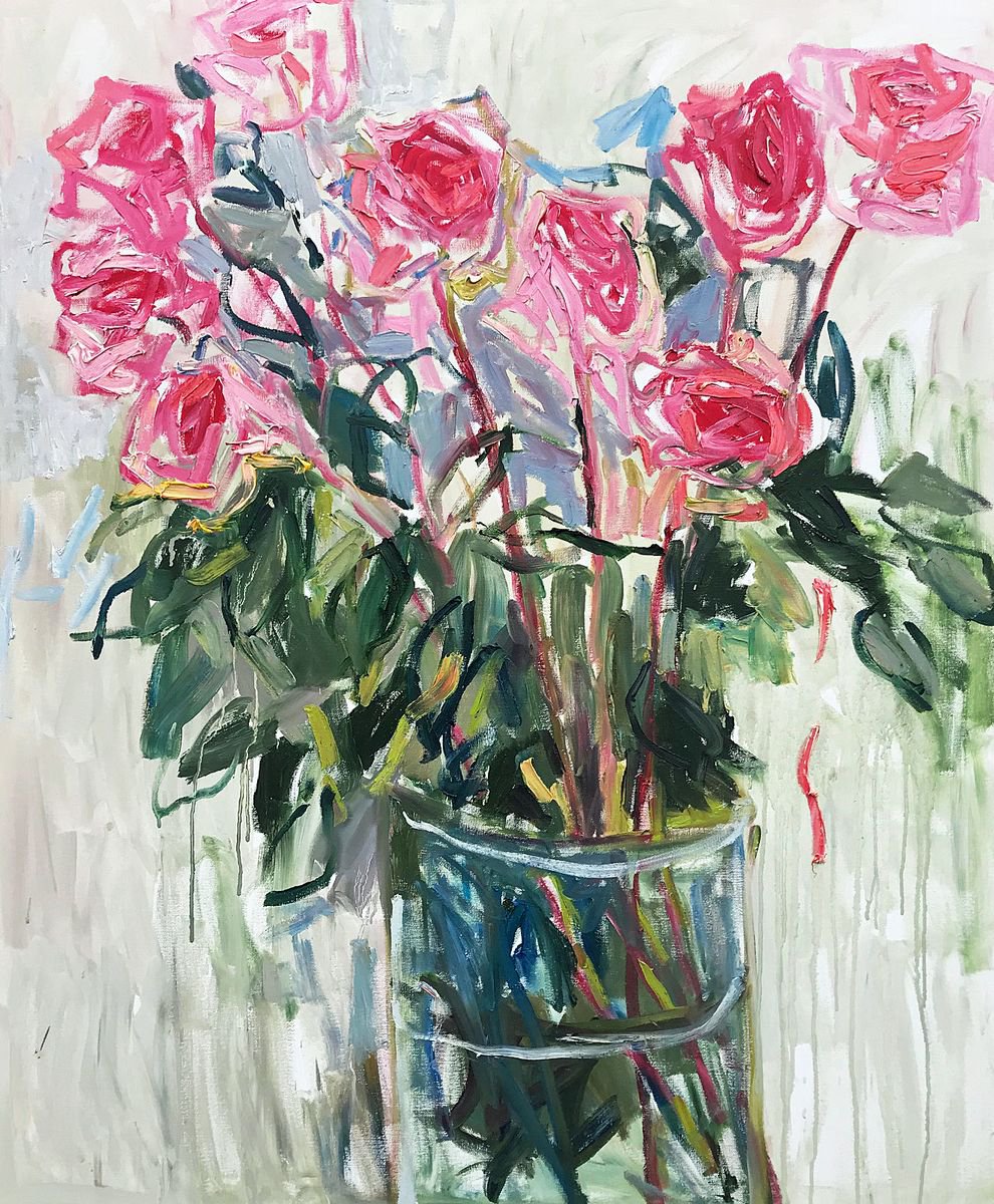 Roses in a glass vase. by Lilia Orlova-Holmes