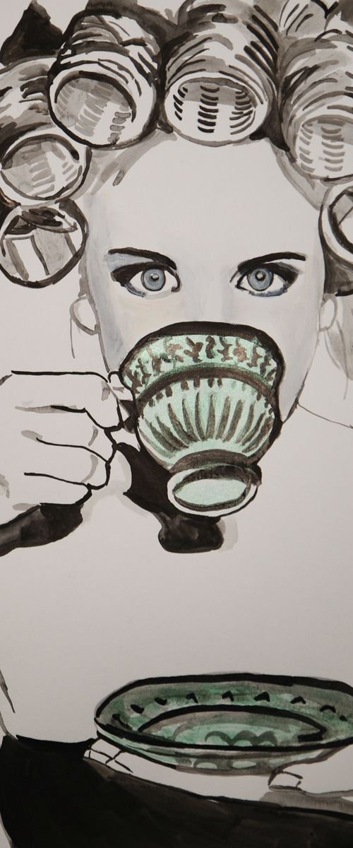 Girl with curlers and coffee  / 42 x 29.7 cm by Alexandra Djokic