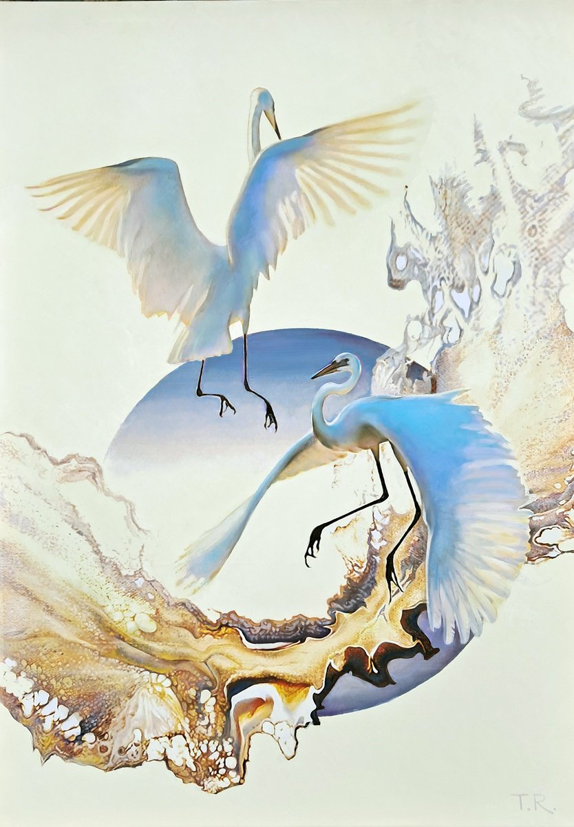 Impressionistic Animal Oil Painting By Tatiana Rezvaya, 31 X 47", Cranes Over The Stream, Original Artwork