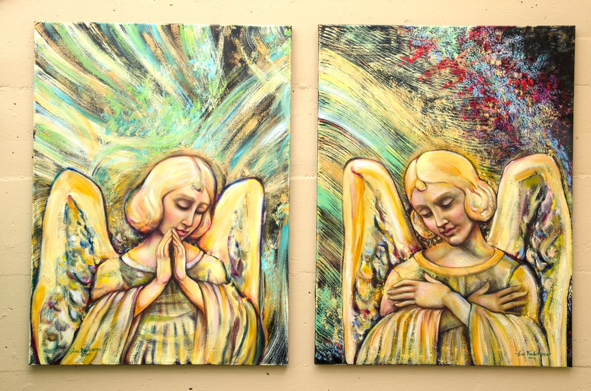 Impressionistic Portrait Oil Painting By Nino Ponditerra, 47 X 31", Angels And Neurons. Diptych, Original Artwork
