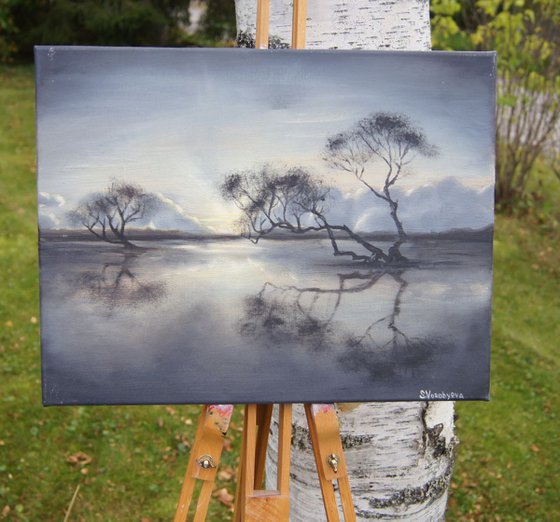 Reflection. Original oil landscape painting