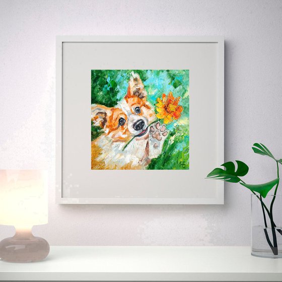 Happy summer, Corgi Painting Original Art Dog Artwork Pet Portrait Wall Art