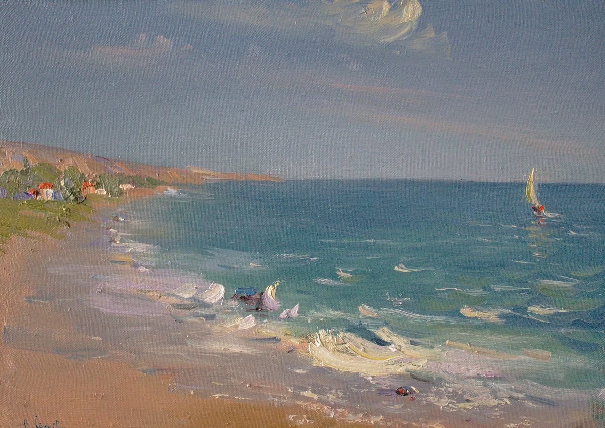 Impressionistic Landscape Oil Painting By Viktor Ivaniv, 28 X 20", The Sea. Sunny, Original Artwork