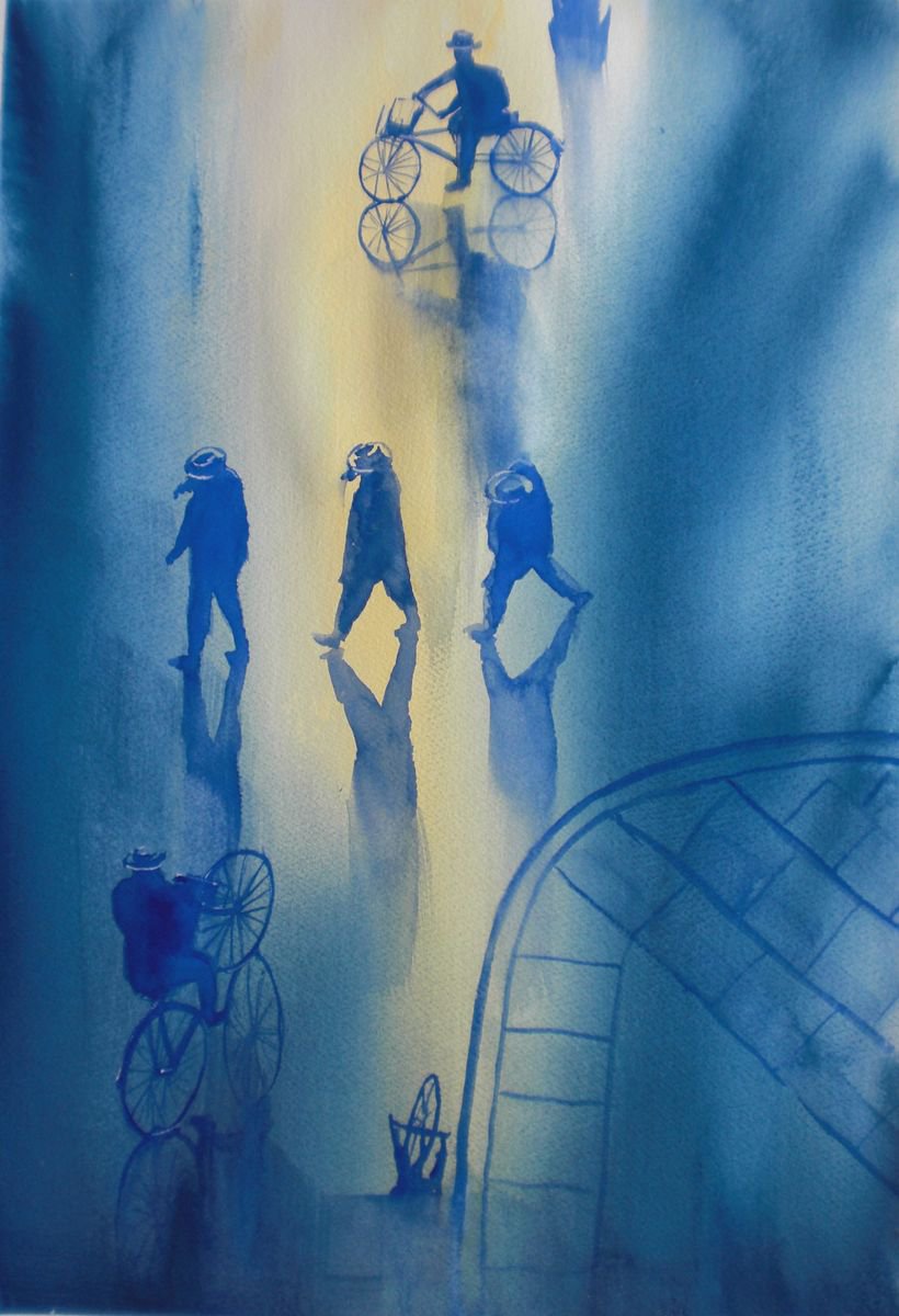Expressive Portrait Watercolour By Giorgio Gosti, 13 X 19, Bikes And Shadows 2, Original Artwork