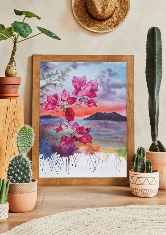 Mediterranean sunset with bougainvillea