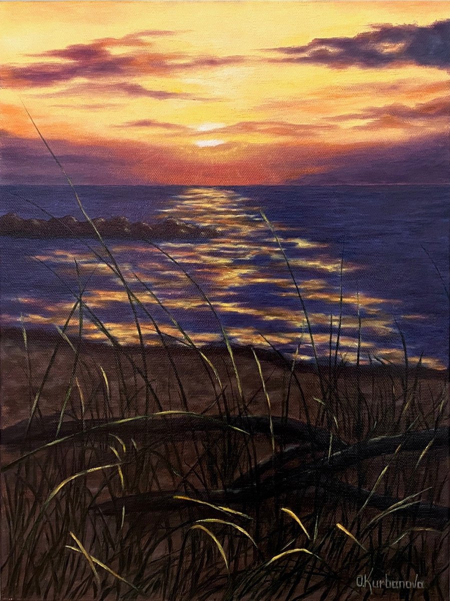 Photorealistic Landscape Oil Painting By Olga Kurbanova, 12 X 16", Glare Sunset, Original Artwork