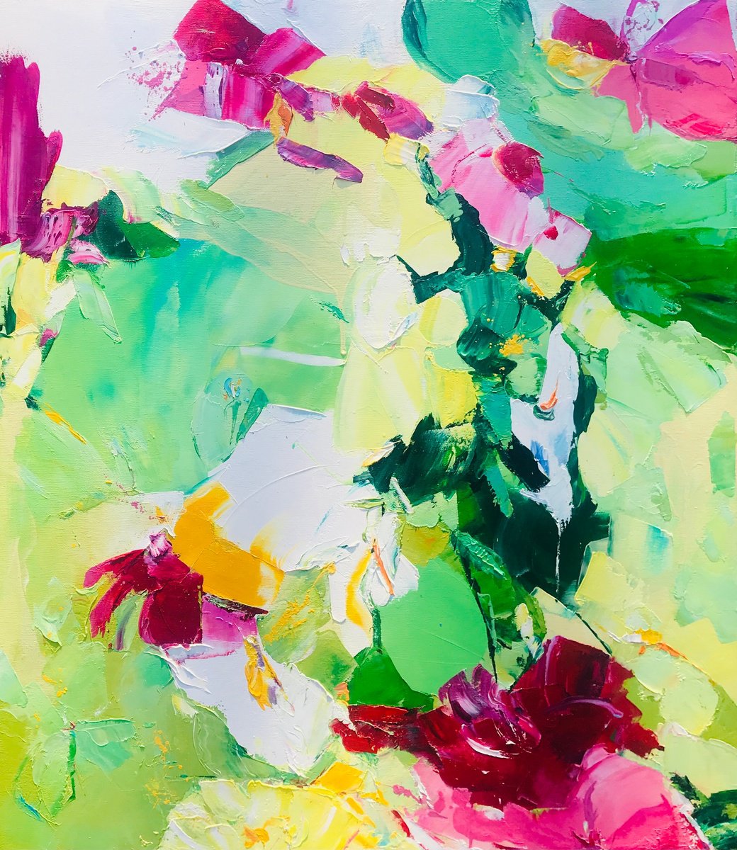 Abstract Botanical Oil Painting By Svitlana Andriichenko, 28 X 31", Last Dance Of Praying Mantis, Original Artwork