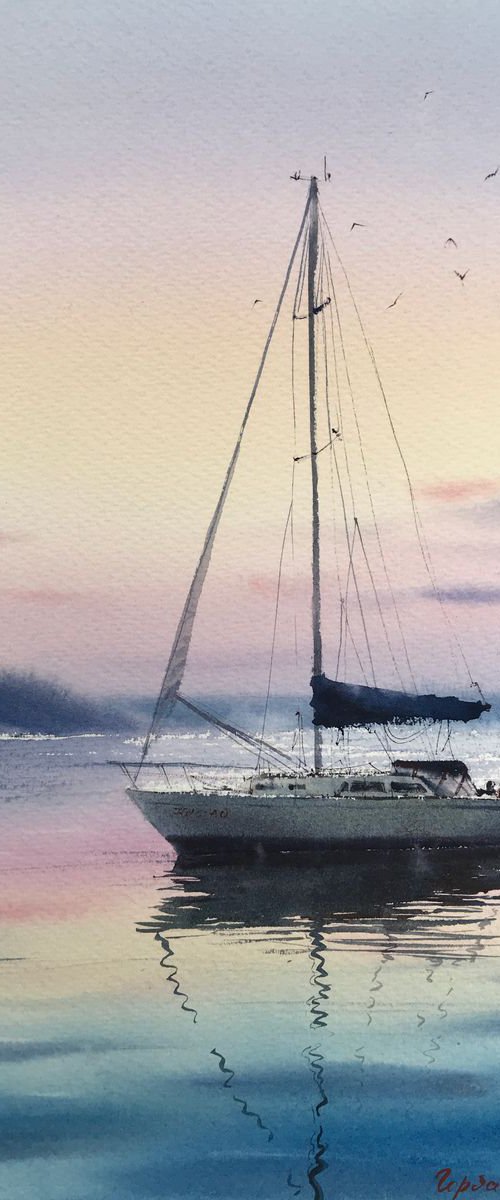 Yacht at dawn by Eugenia Gorbacheva