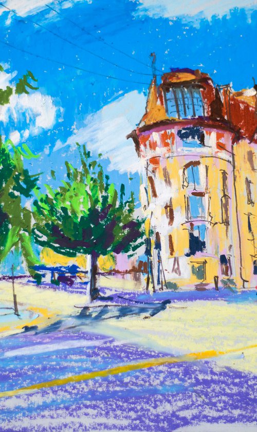 Street view of Geneva, Switzerland. Impressionistic etude ORIGINAL OIL PASTEL PAINTING. SMALL CITYSCAPE IMPRESSIONISM IMPRESSION DECOR TRAVEL bright by Sasha Romm