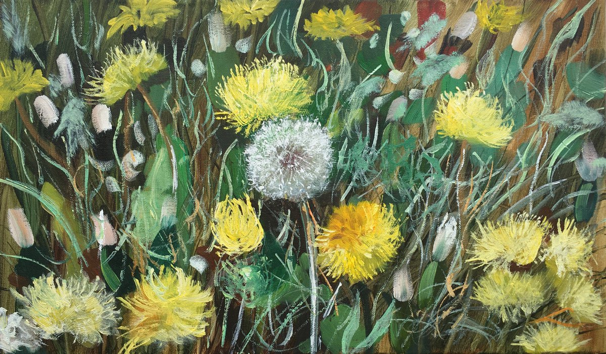 Impressionistic Botanical Oil Painting By Elena Sokolova, 22 X 13, Dandelions 3, Original Artwork