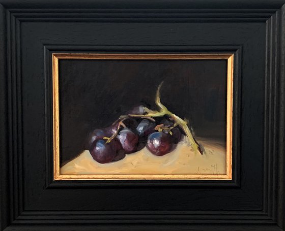 Grapes Still Life original oil realism painting, with wooden frame.