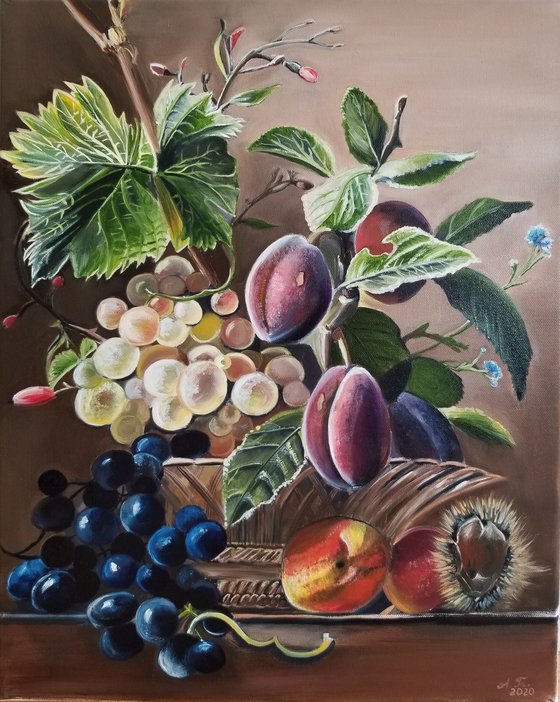 Dutch Still Life with Fruits. Original Oil Painting on Canvas. Gorgeous Painting in traditional Old Masters technique.