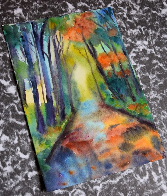 Fall watercolor painting Autumn forest with river