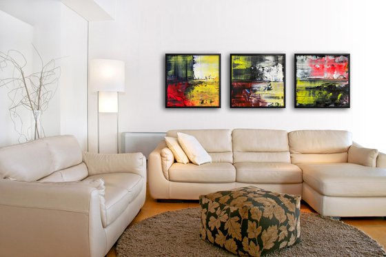 We See Through You - Save As A Series - Original PMS Abstract Triptych Acrylic Paintings On Wooden Panels, Framed - 78" x 26"