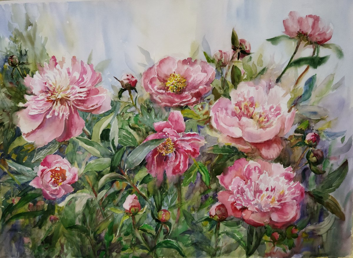 Impressionistic Botanical Watercolour By Ann Krasikova, 39 X 28, Pink Peonies, Original Artwork