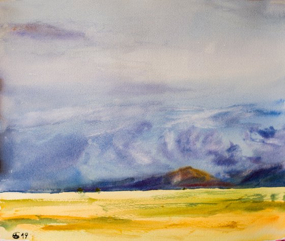 Segovia fields 2. Spain. Original watercolor. SMALL WARM BLOOM INTERIOR DECOR nature sky moody blue yellow