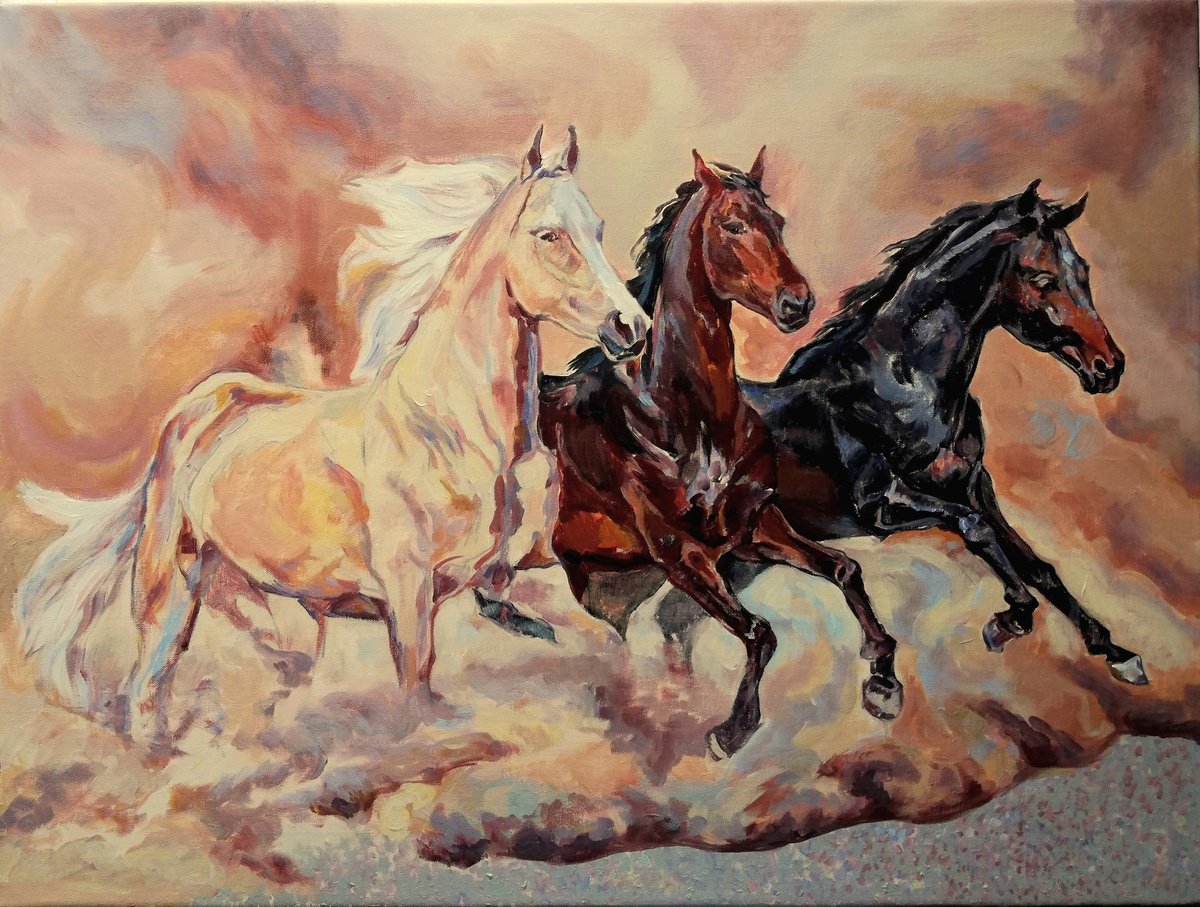 Impressionistic Animal Acrylic Painting By Jelena Djokic, 31 X 24, Running Horses, Original Artwork