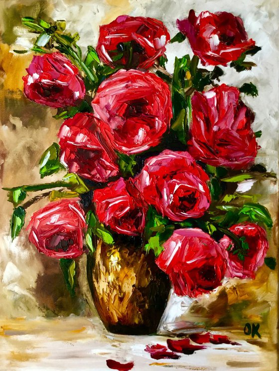 BOUQUET OF RED ROSES  palette knife modern red pink still life  flowers Dutch style office home decor gift