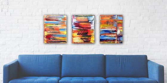 "Make Us" - FREE USA SHIPPING - Original PMS Abstract Triptych Oil Paintings On Canvas - 48" x 20"