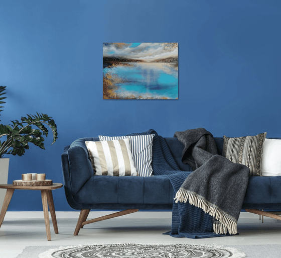 A large semi-abstract beautiful structured mixed media painting of a seascape with the sunrise "A new day" from "Silence" series