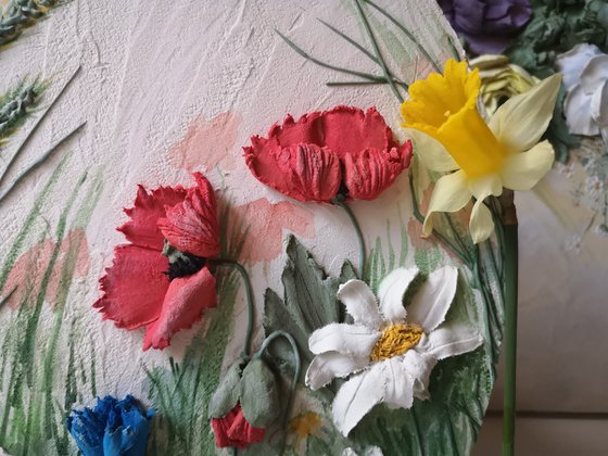 Summer meadow, daisies, poppies, cornflowers - 3d landscape on an oval panel, 26x32x3 cm