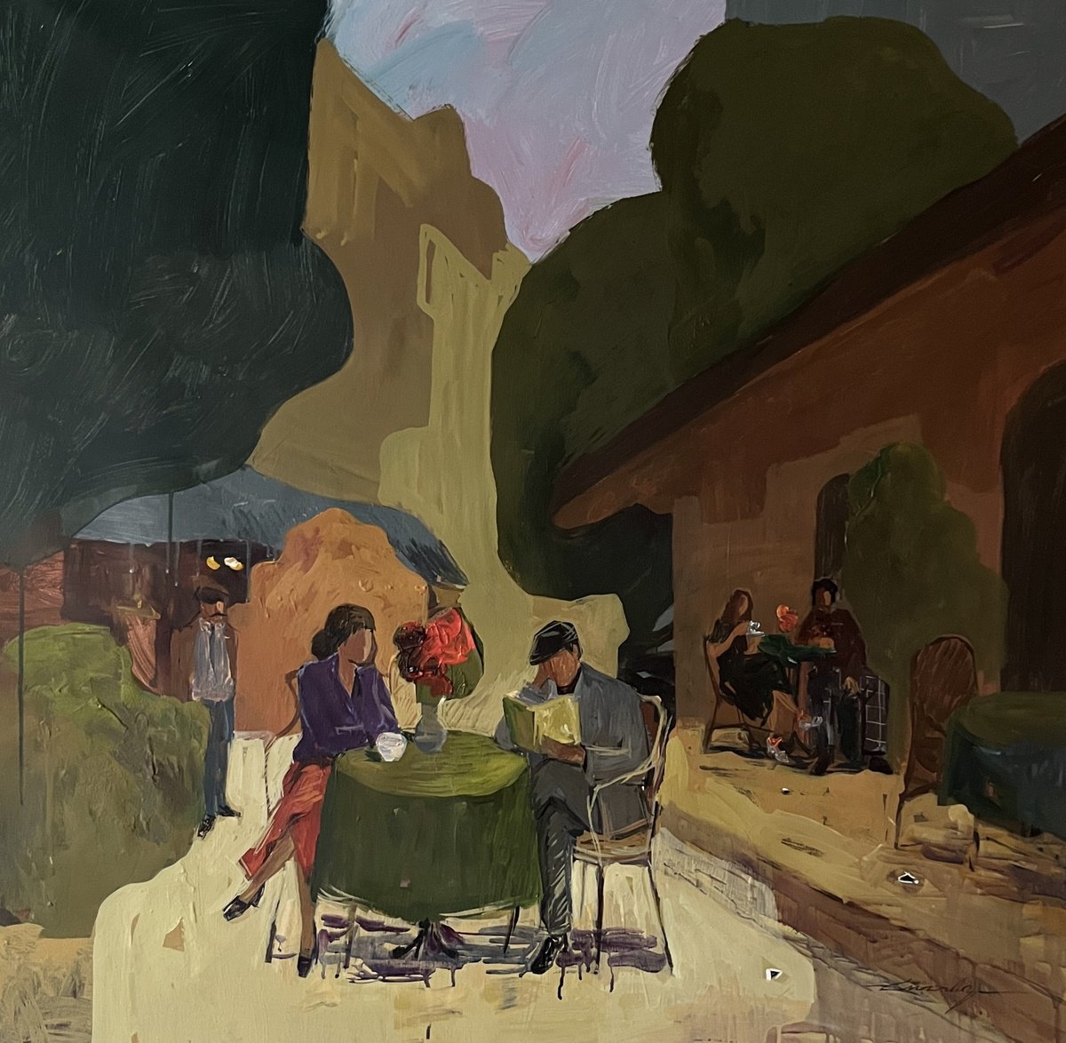 Abstract Cityscapes Acrylic Painting By Jacob Burda, 36 X 36, Green Table With Red Flowers, Original Artwork