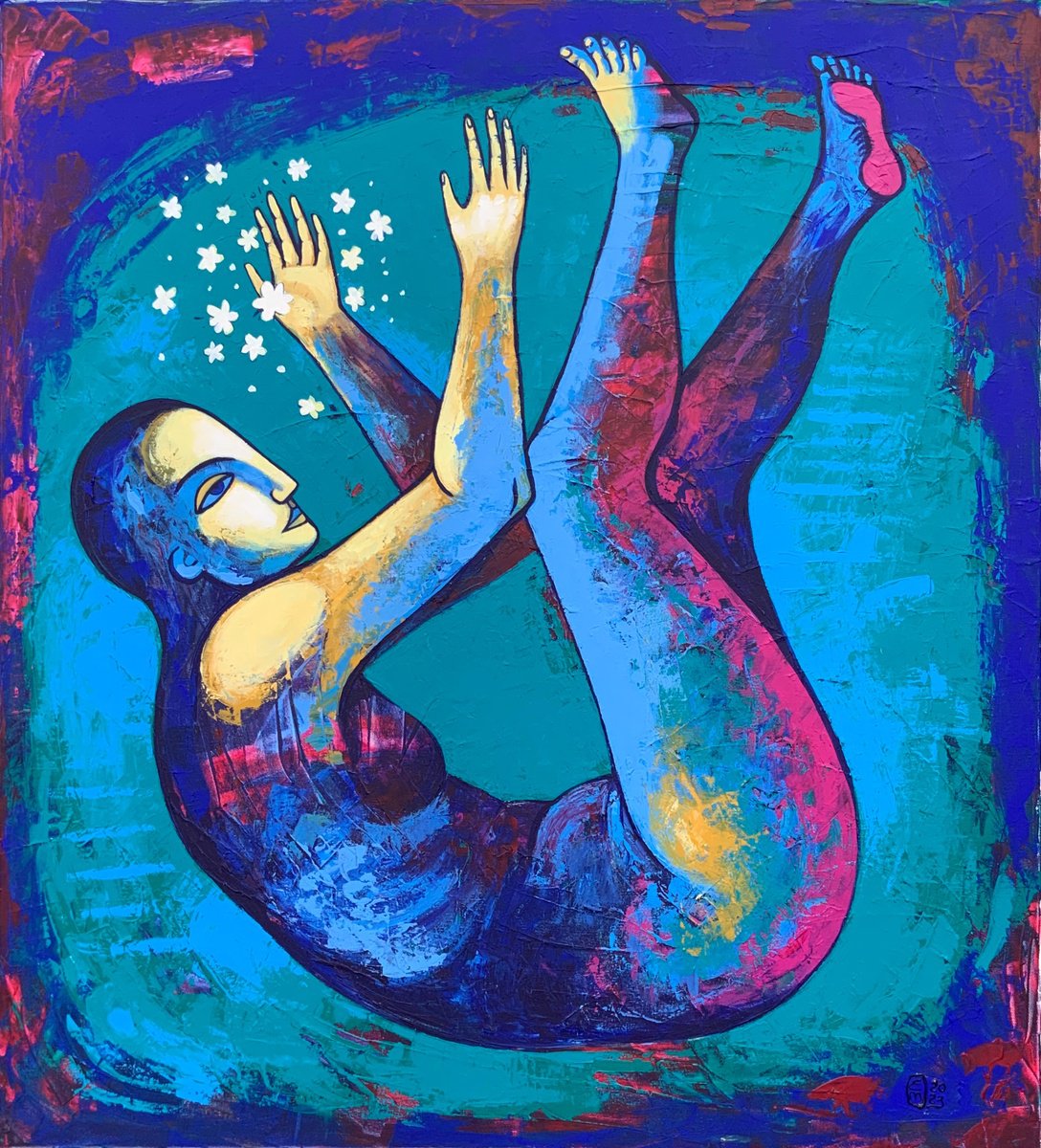 Surrealistic Portrait Acrylic Painting By Elena Tomilova, 35 X 39, Flower Fields, Original Artwork