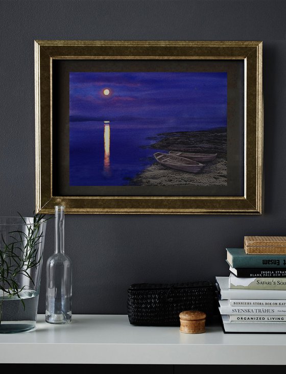 Wooden boats on the shore of lake in the moonlight  – Landscape -  wooden boat - fool moon