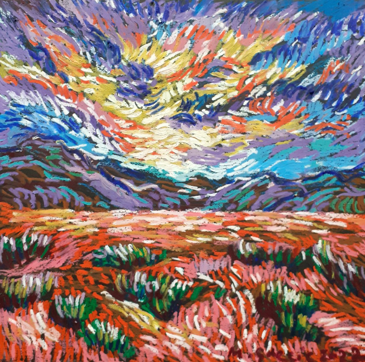 Impressionistic Landscape Pastel Drawing By Maja Grecic, 12 X 12", Desert Sky, Original Artwork