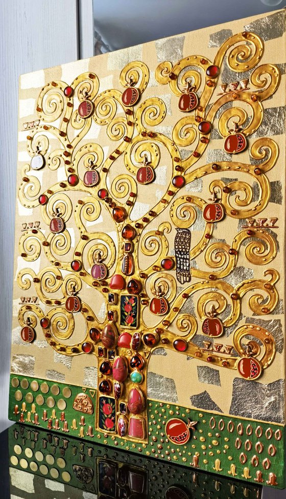 The Pomegranate Tree. Relief textured golden painting with precious stones