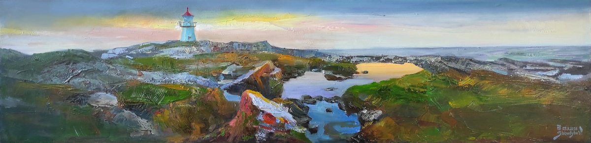 Impressionistic Landscape Acrylic Painting By Vladimyr Shandyba, 47 X 12", Sunset On Vigra, Original Artwork